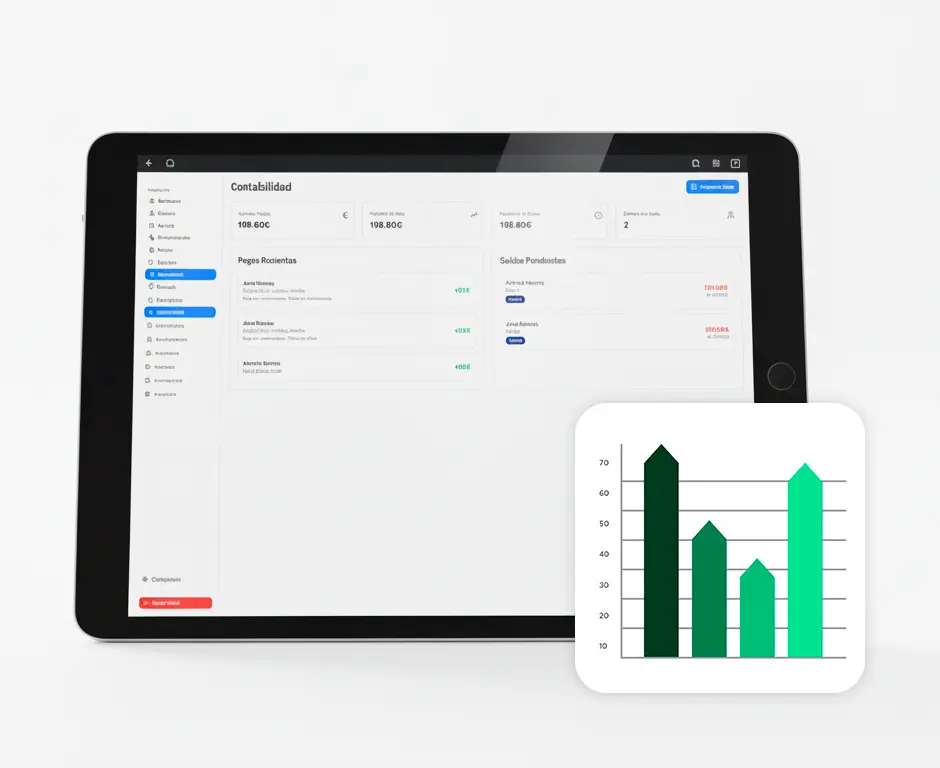 Una tablet mostrando la interfaz limpia de Athleticapp, con un gráfico de crecimiento ascendente en el fondo, simbolizando el éxito del negocio del entrenador