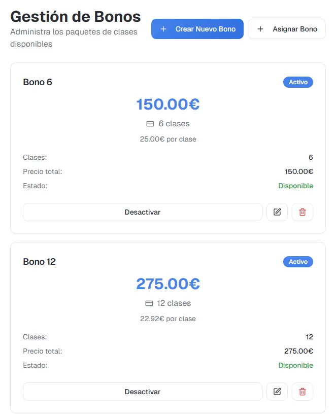 Pantalla de la aplicación para entrenadores que permite crear y asignar bonos de sesiones de entrenamiento a clientes, mostrando el control y la automatización