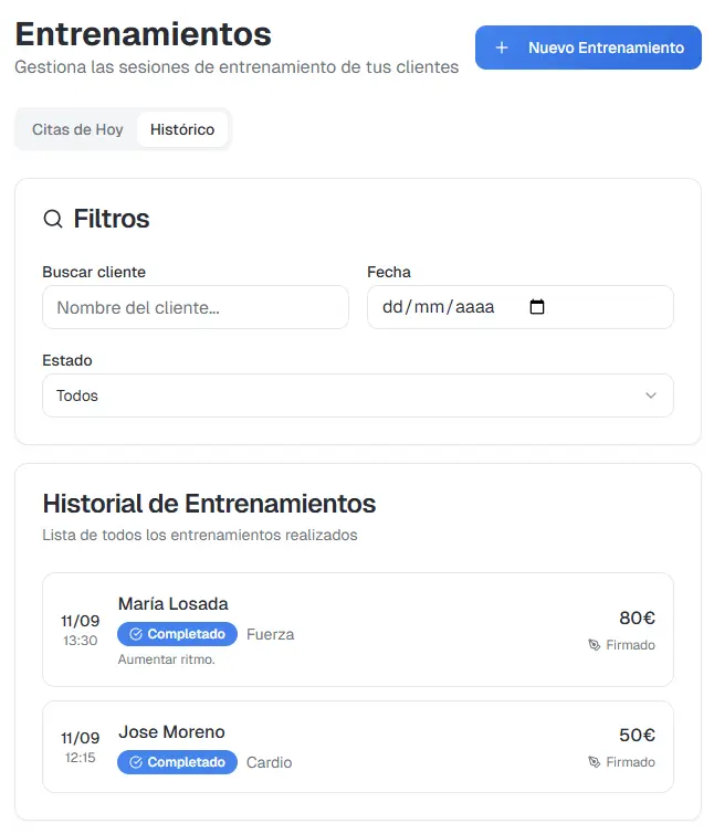 Historial de entrenamientos de la app con lista de clientes, fecha, si se ha firmado la clase y detalles de pago.